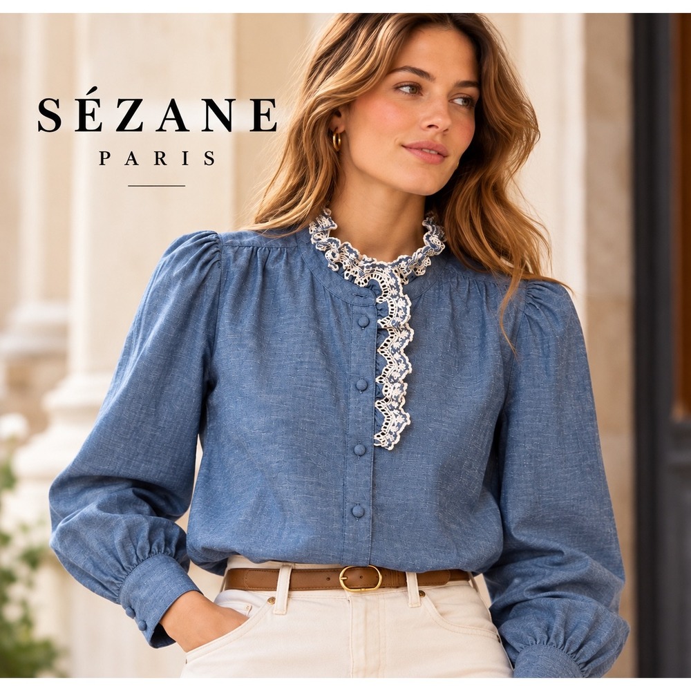 Sezane Button Down Blouse Women 36 Blue Chambray Linen Lace Ruffle Collar